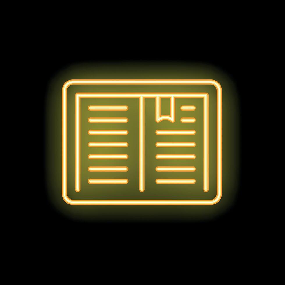 Bright yellow neon open book with bookmark icon vector