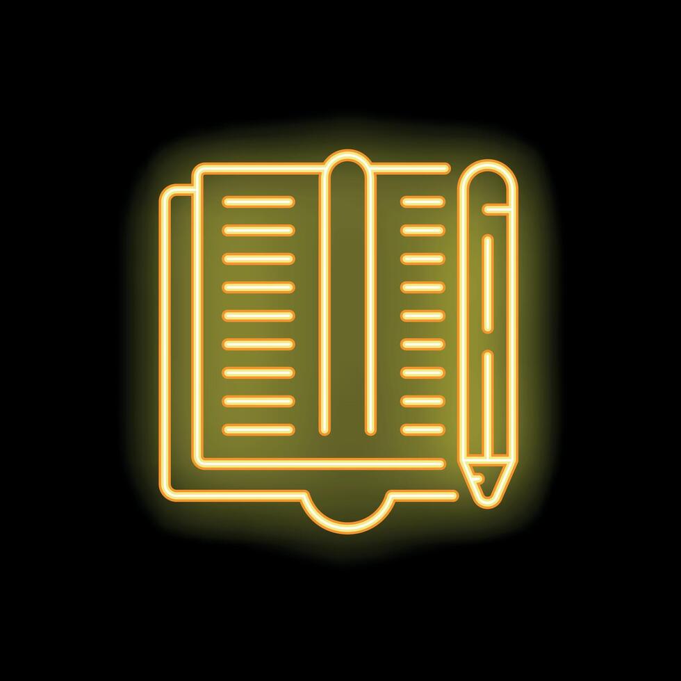 Neon notebook and pen icon glowing on dark background vector