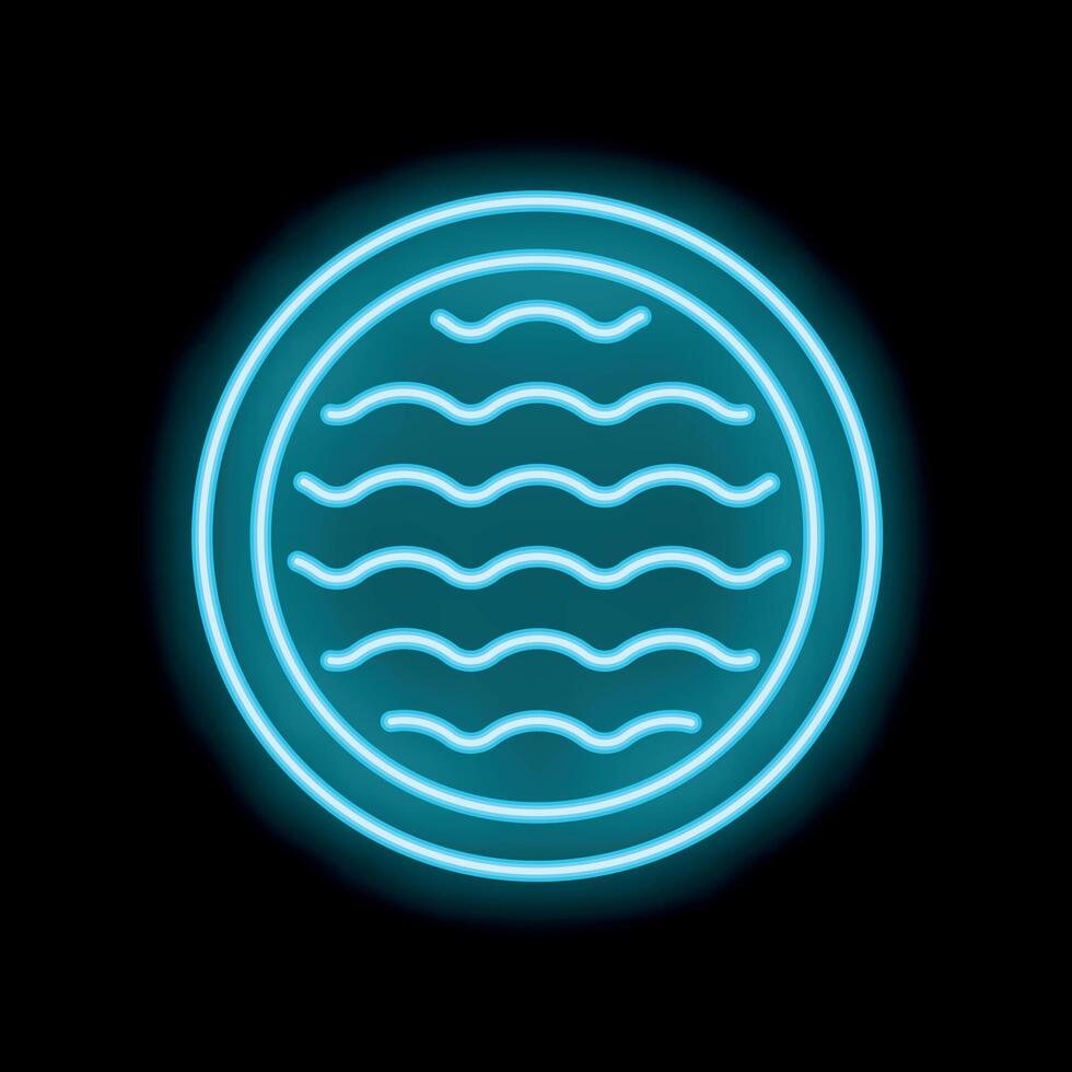 Bright blue neon sign showing water waves inside a circle on black background vector
