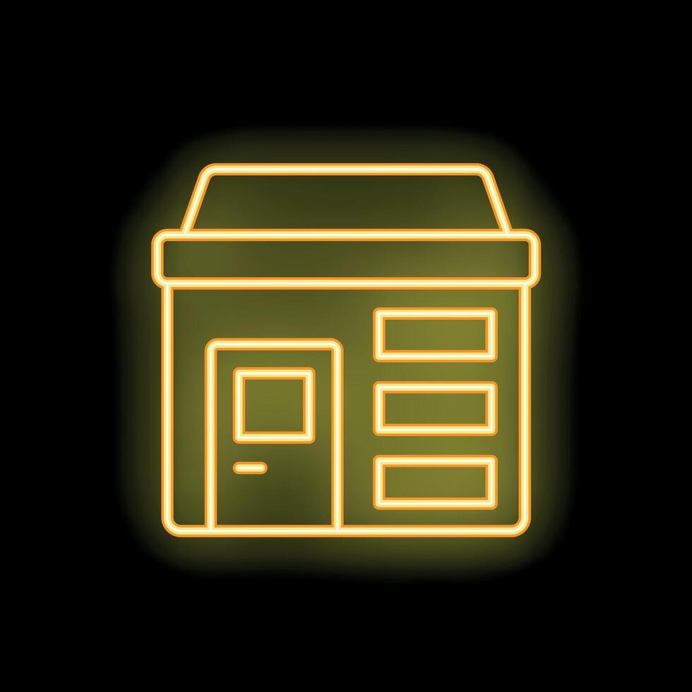 Neon sign depicting a building with a door and windows on a black background vector
