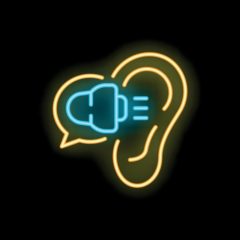Neon icon of loudspeaker sending sound waves to ear symbolizing auditory perception vector