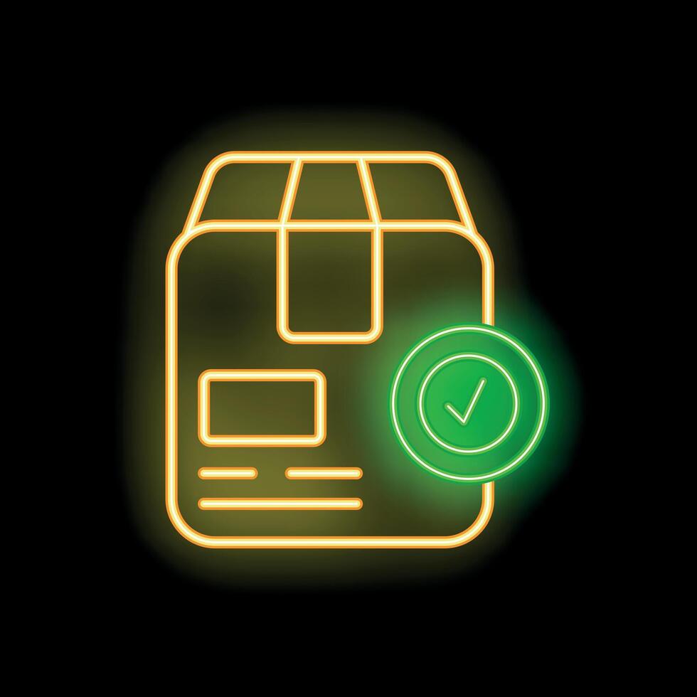 Neon sign of cardboard box with green checkmark symbol for successful delivery vector