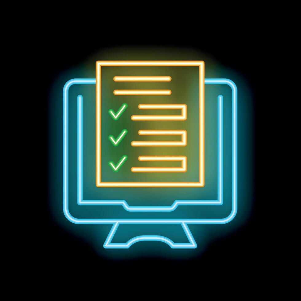 Neon computer monitor displaying checklist with check marks for online survey or exam vector