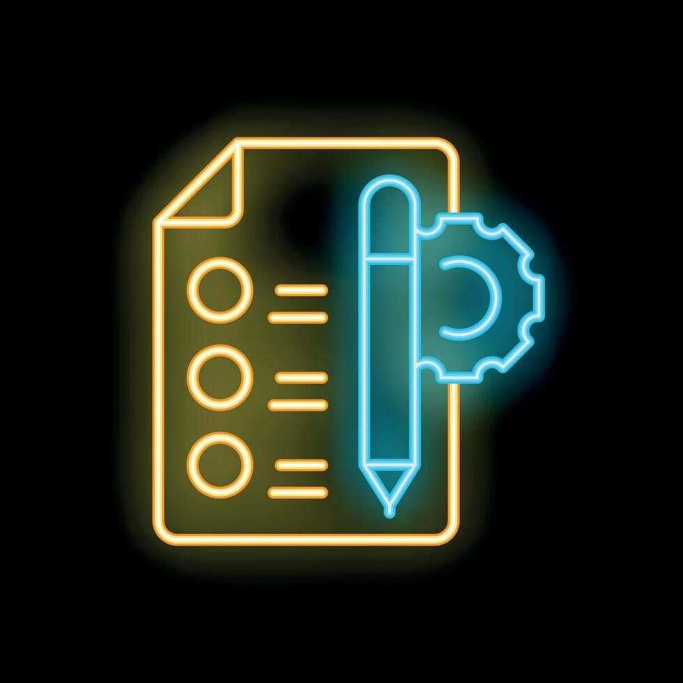 Neon sign illustrating project management process with document and gear vector
