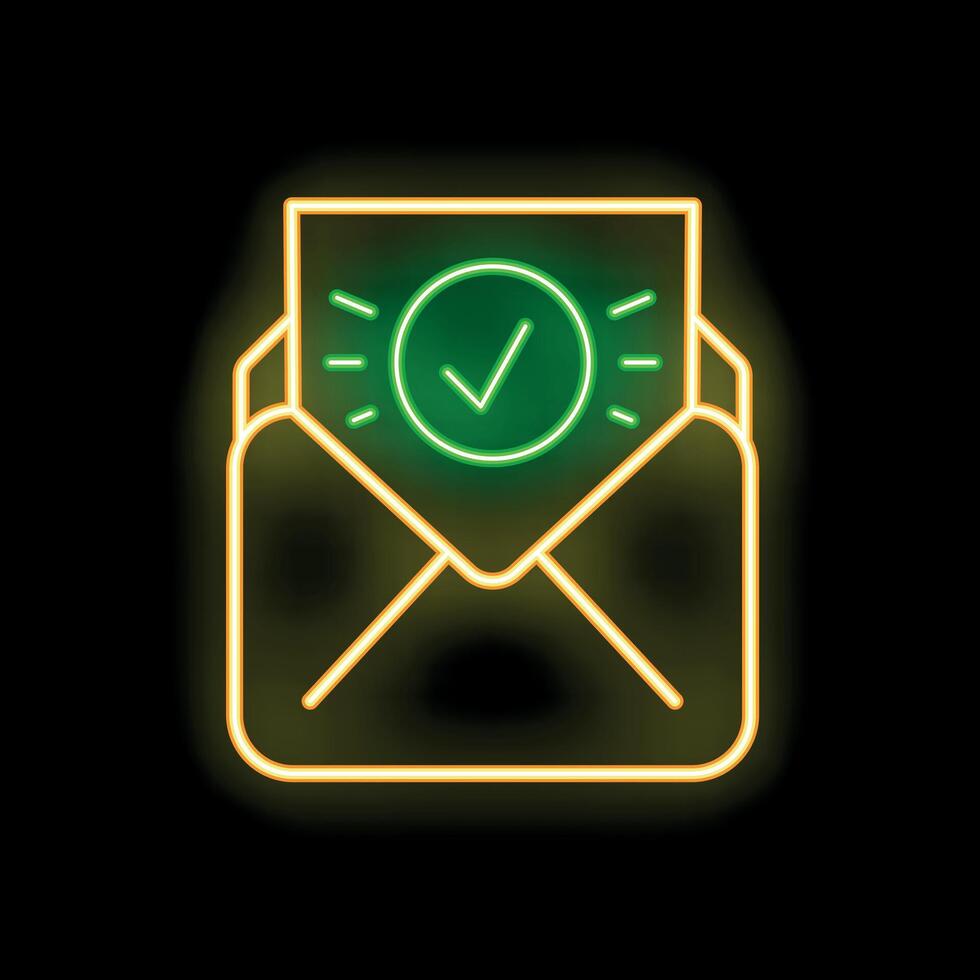 Neon icon of mail envelope with confirmation check mark symbol glowing on black background vector