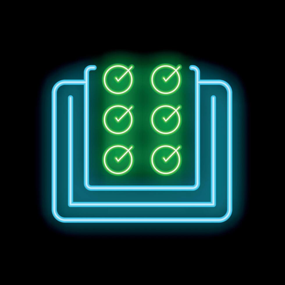 Neon icon of clipboard with checklist showing completed tasks vector