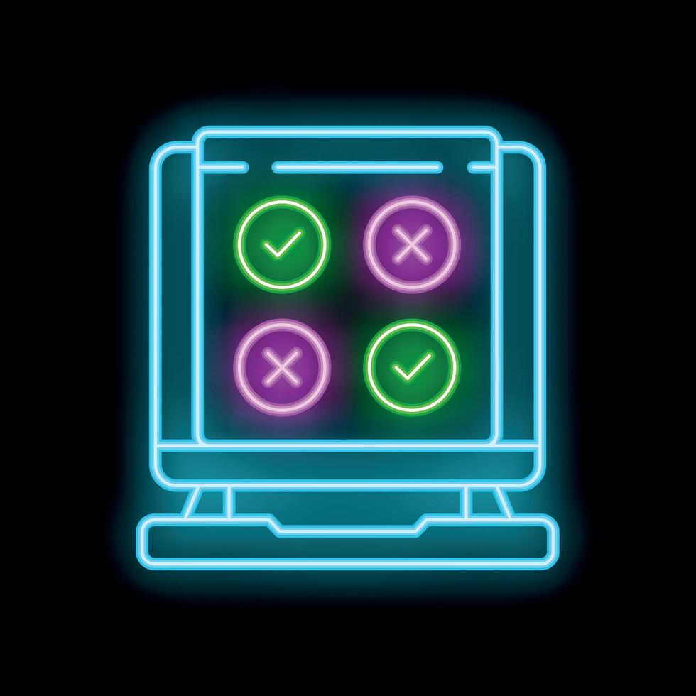 Neon icon of a survey showing checkmarks representing correct and incorrect answers vector