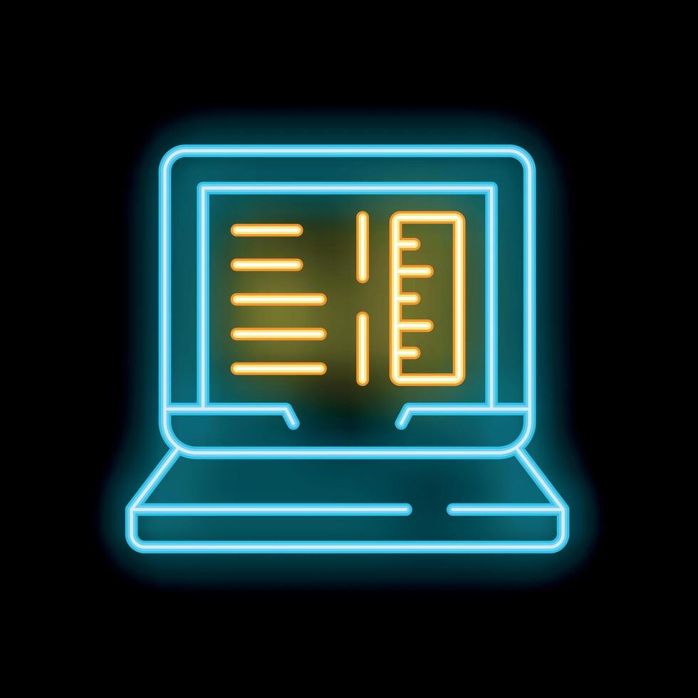 Neon icon of laptop showing ruler and text editing software interface vector