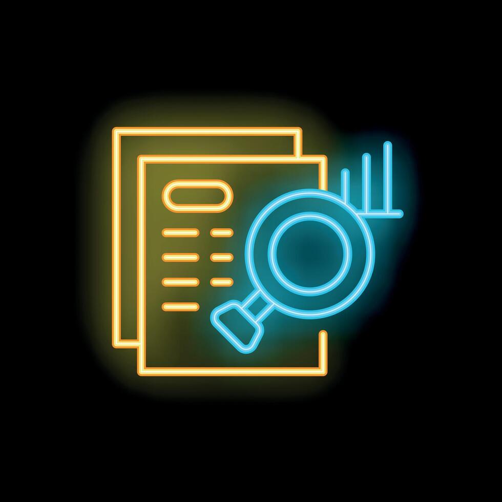 Neon icon of magnifying glass analyzing documents and data vector