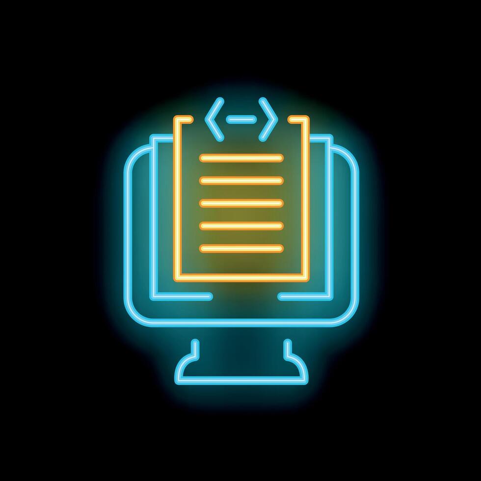 Neon icon of computer displaying code on black background vector