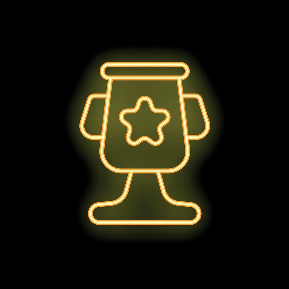Neon trophy cup shining with yellow light on black background vector