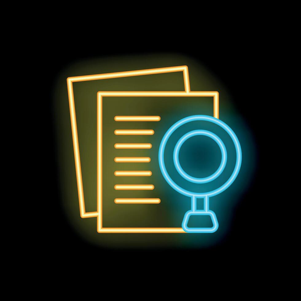 Neon icon of magnifying glass hovering over documents representing research and analysis vector