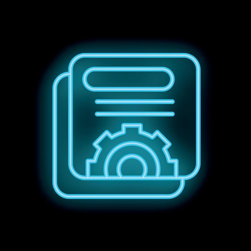 Neon icon of documents being processed with gear representing work in progress vector