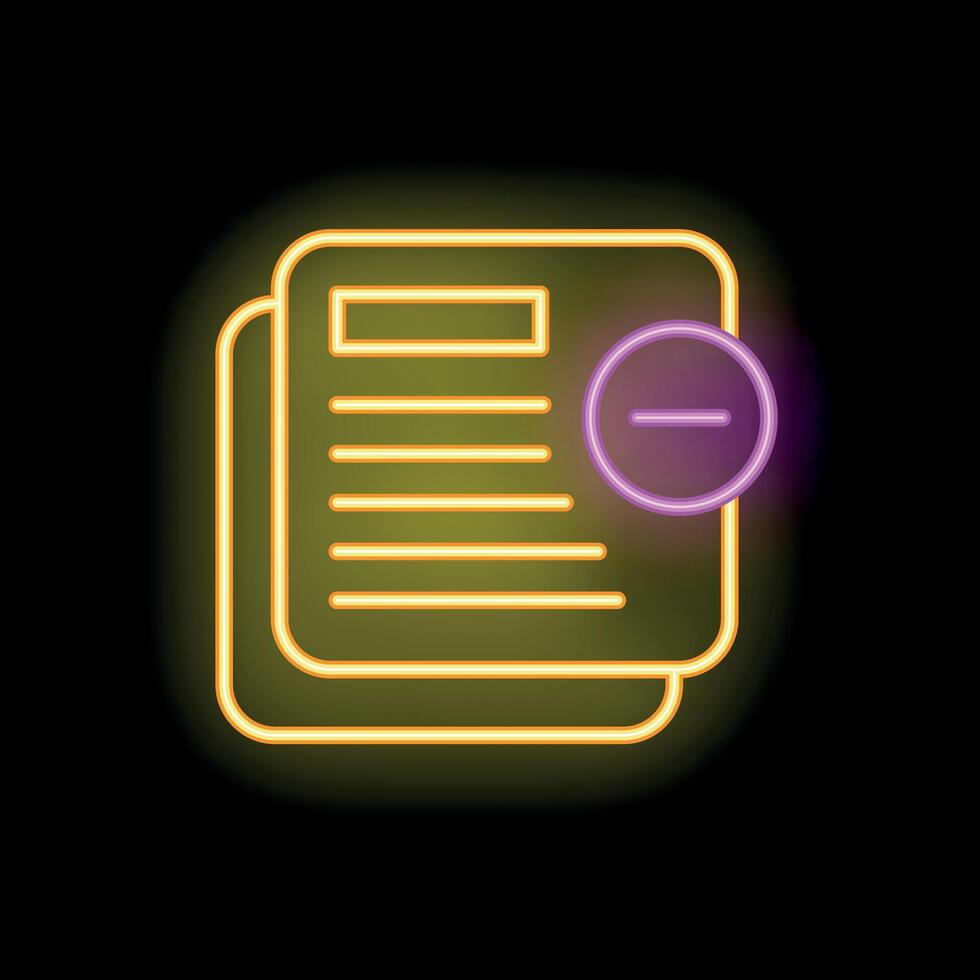 Neon minus sign removing document page on black background vector