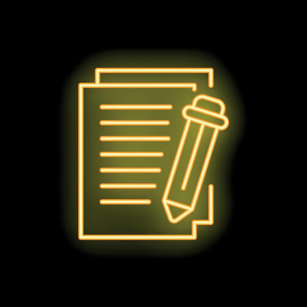 Neon yellow icon of a pen writing on paper vector