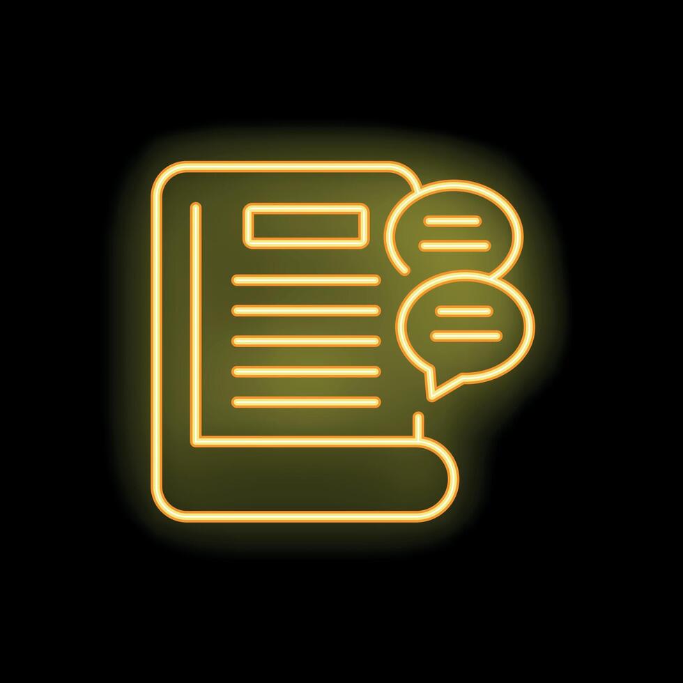 Neon yellow chatting about document icon on black background vector