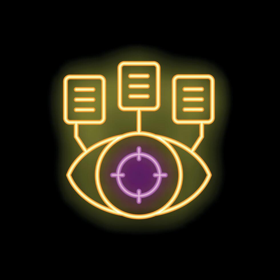Neon icon of eye with target analyzing information flow vector