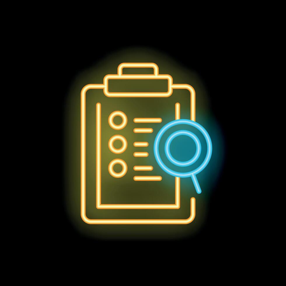 Neon icon of magnifying glass examining checklist on clipboard representing auditing process vector