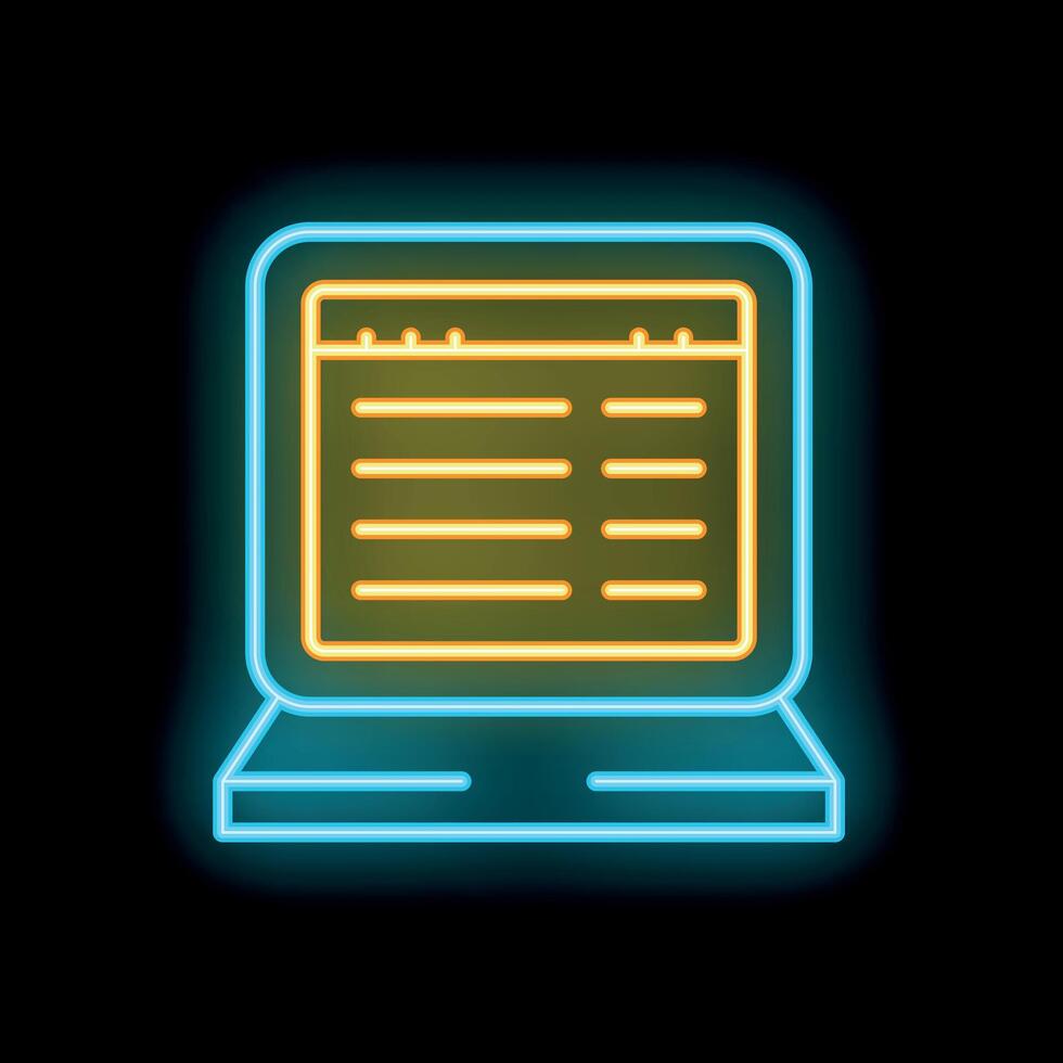 Neon icon of laptop showing spreadsheet document for finance and accounting vector