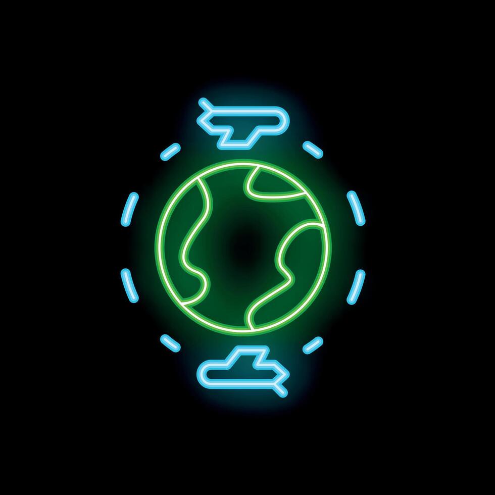 Neon sign representing airplanes flying around the earth vector