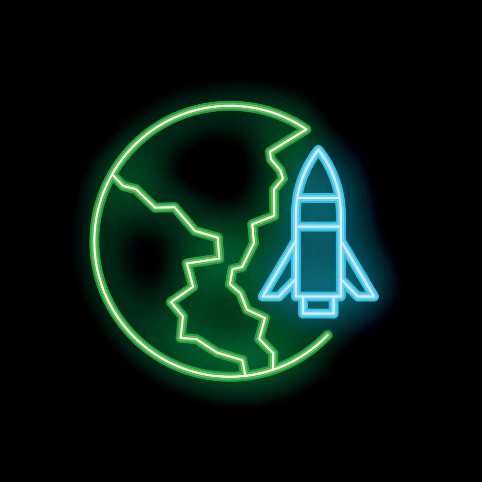 Neon sign depicting rocket leaving cracked planet earth vector