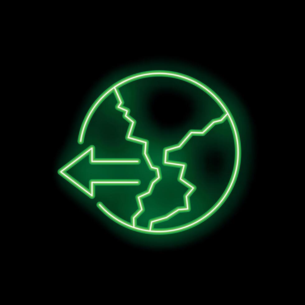 Green neon arrow circling broken earth drawing on black background vector