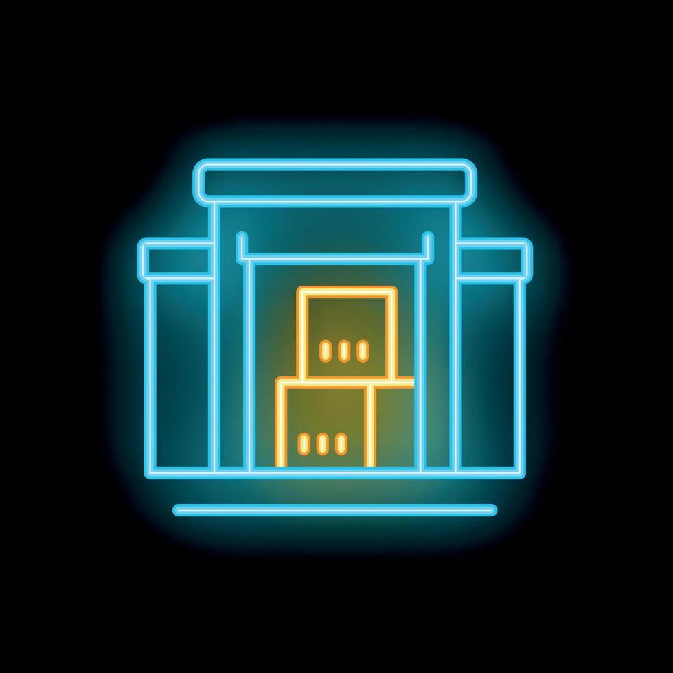 Neon sign of warehouse building displaying storage boxes vector