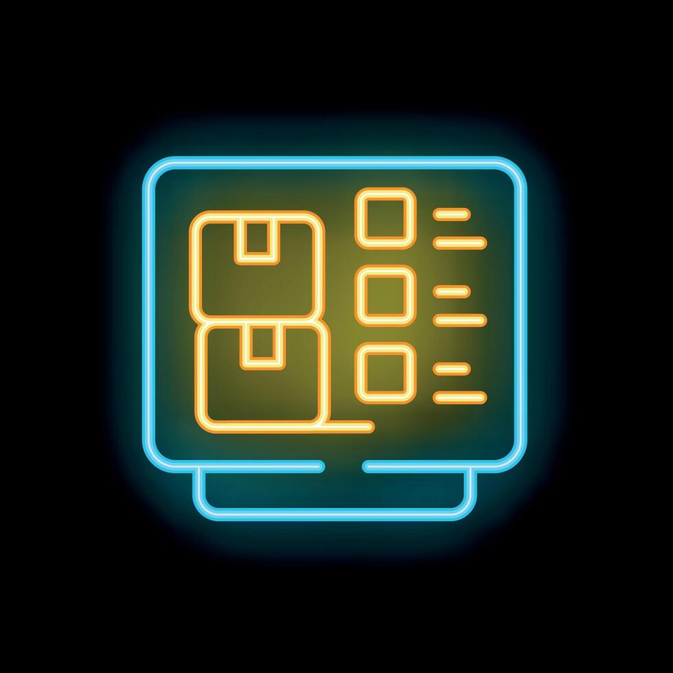 Neon sign showing computer displaying inventory management system with cardboard boxes vector
