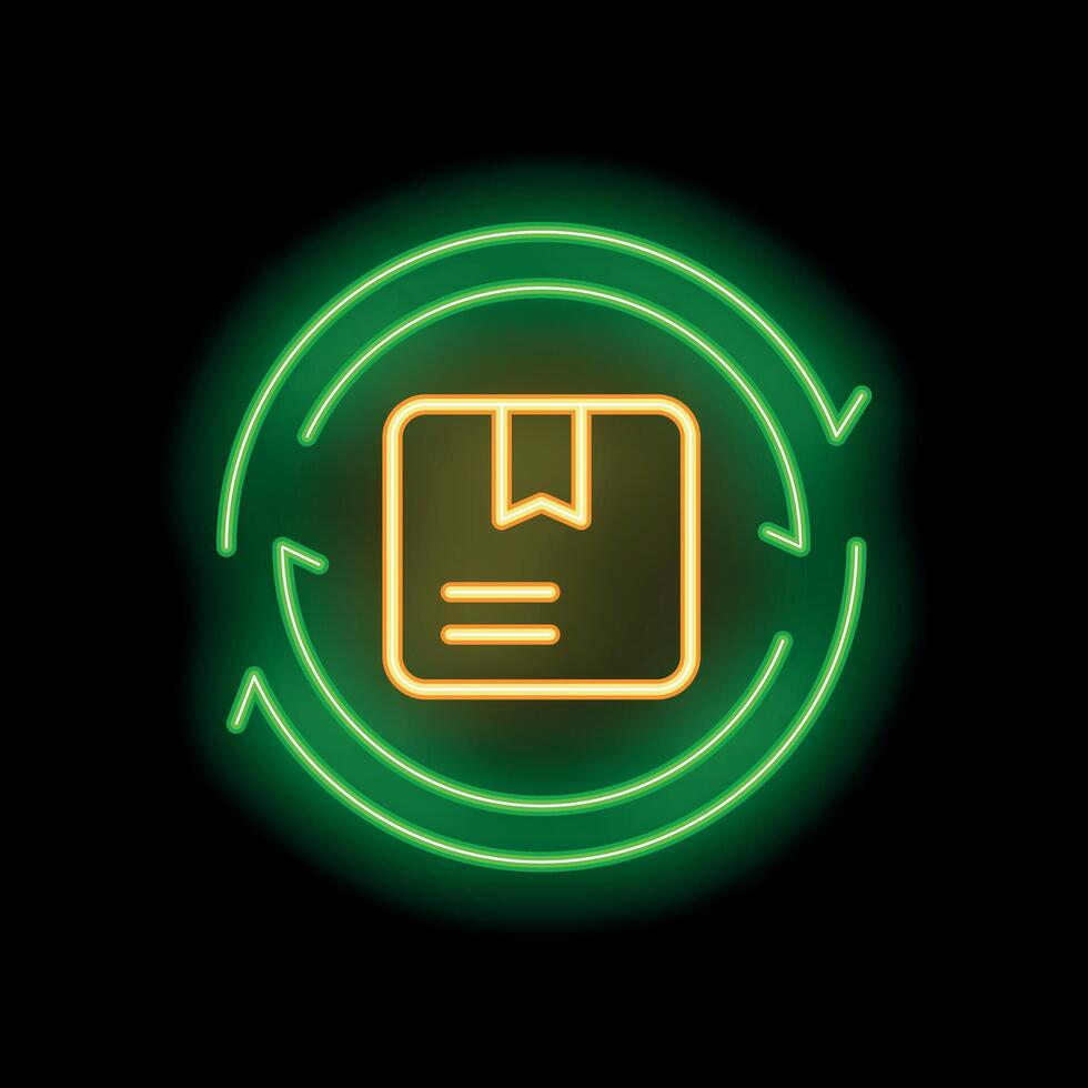 Neon green circular arrows around yellow package delivery icon on black background vector