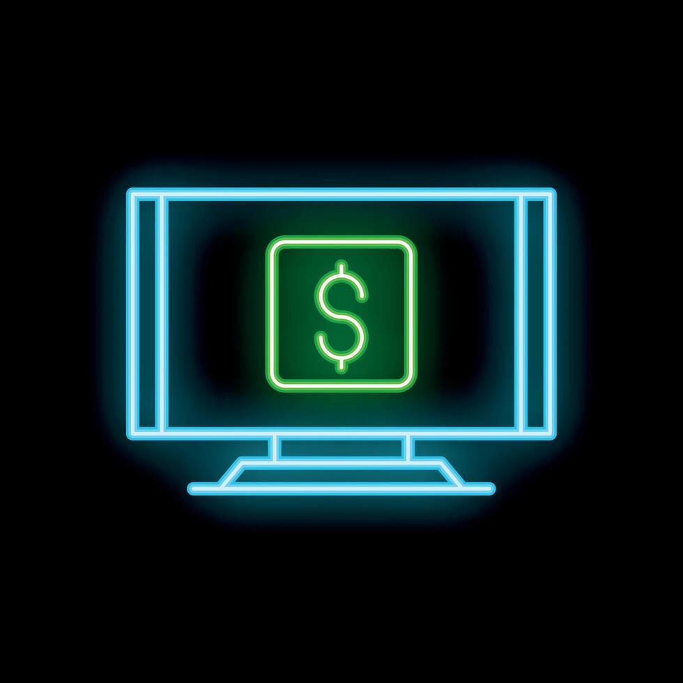 Neon computer monitor displaying dollar sign icon on black background vector