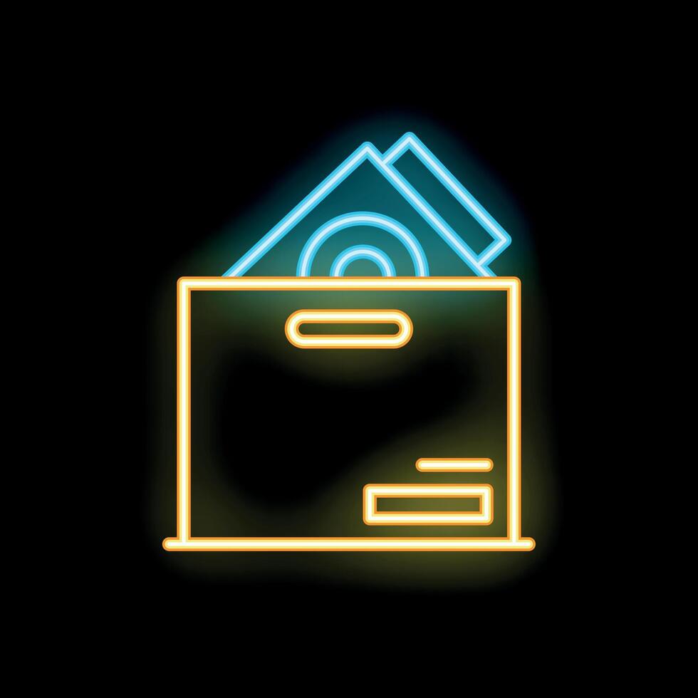Neon icon of donation box receiving money bills on black background vector