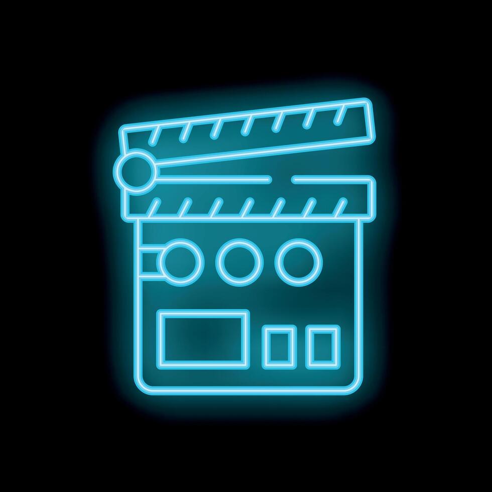 Neon blue clapperboard filmmaking icon glowing on black background vector