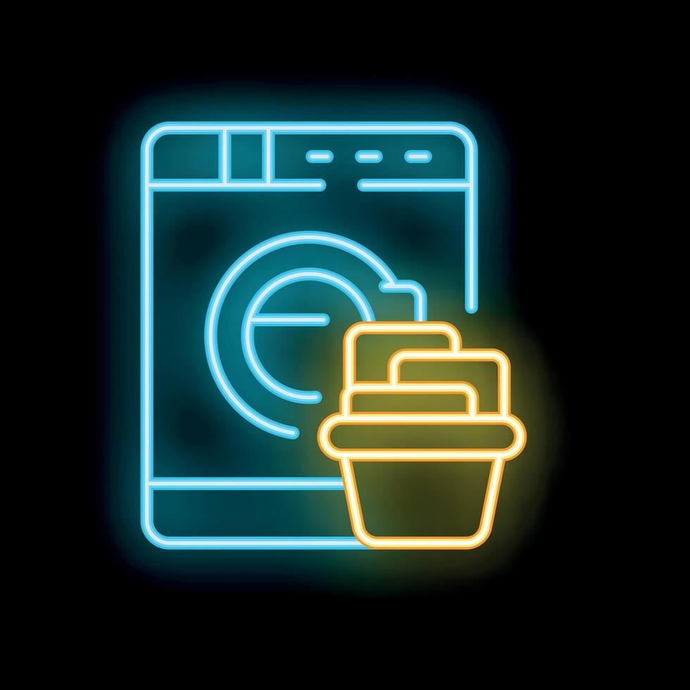 Neon icon of washing machine with laundry basket displaying laundromat service vector