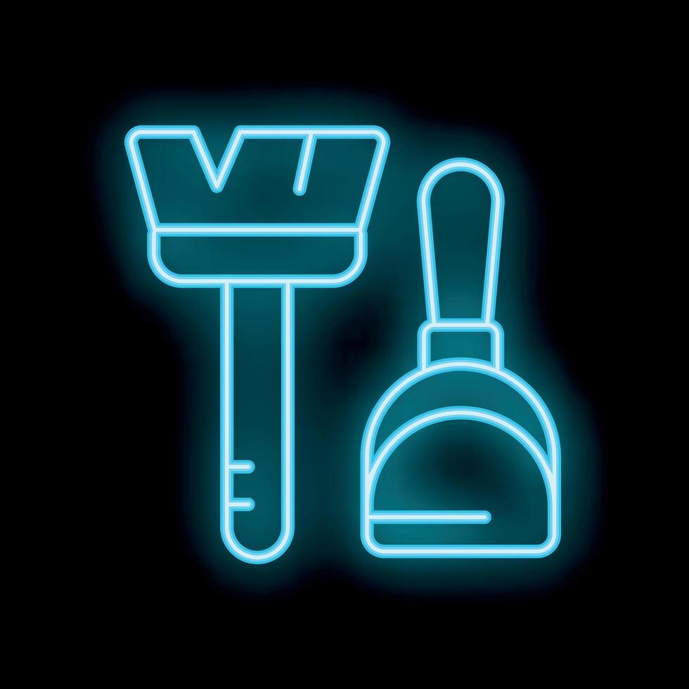 Neon cleaning supplies icon with brush and dustpan vector