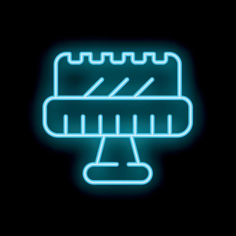 Neon sign depicting cake standing on stand with blue contour line on black background vector