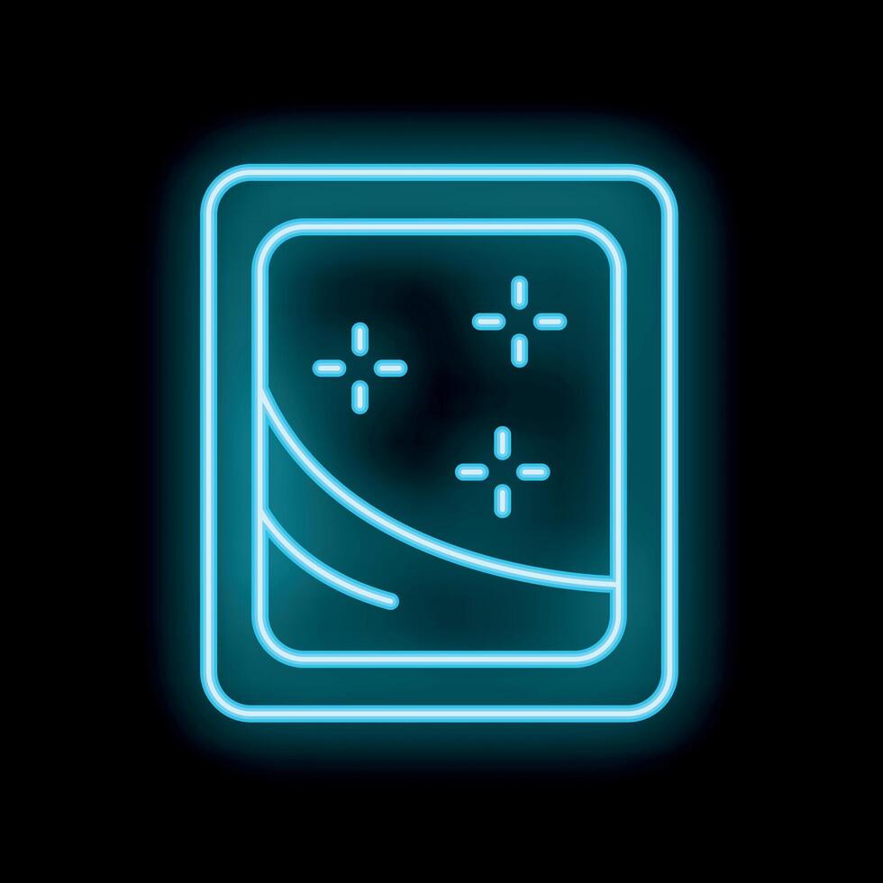 Neon blue icon of a futuristic device displaying a starry sky on black background vector
