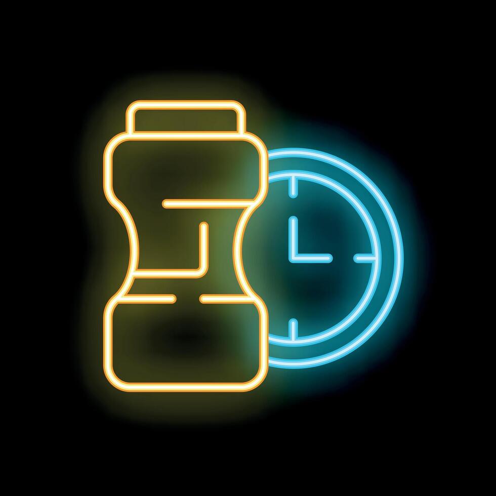 Neon icon of sports nutrition container and clock showing time for workout vector