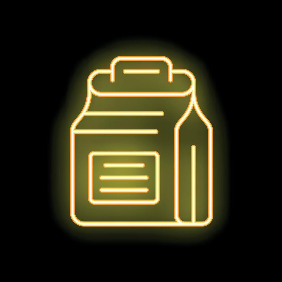 Neon yellow icon of a take away food box glowing on black background vector