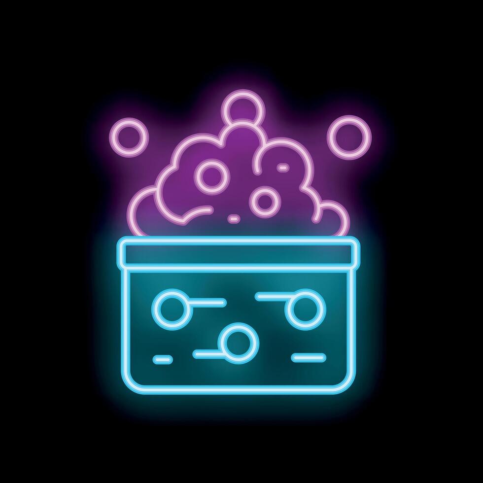 Neon sign of steaming hot tub with bubbles on black background vector