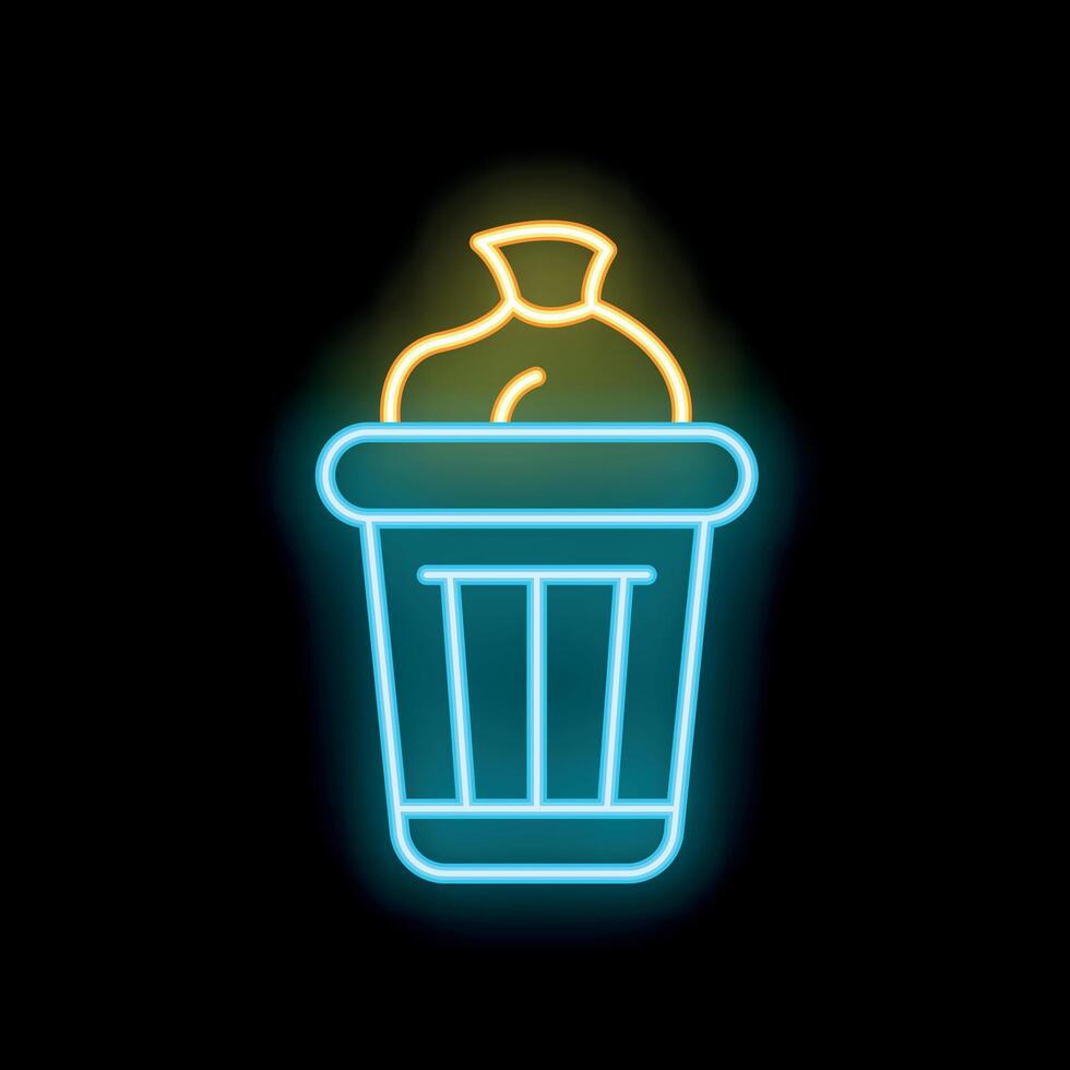 Neon trashcan glowing with garbage bag inside vector