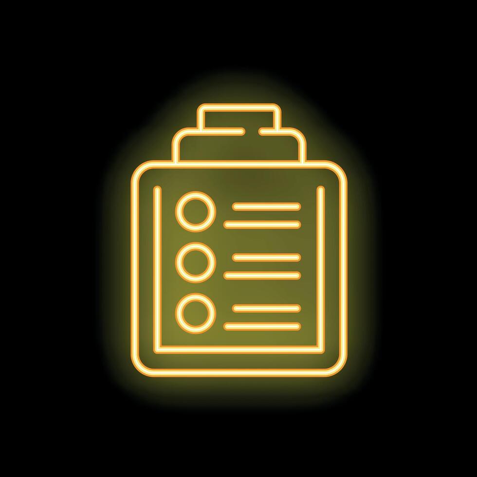 Neon yellow clipboard with checklist icon glowing on black background vector