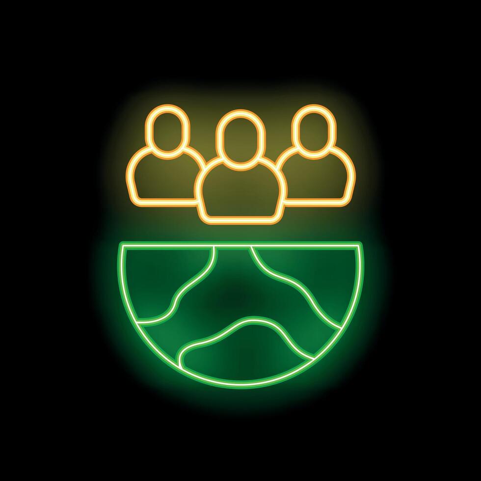 Neon icon of three people standing on half earth globe vector