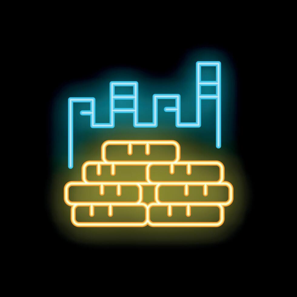Neon icon of construction industry with bricks and buildings silhouette vector