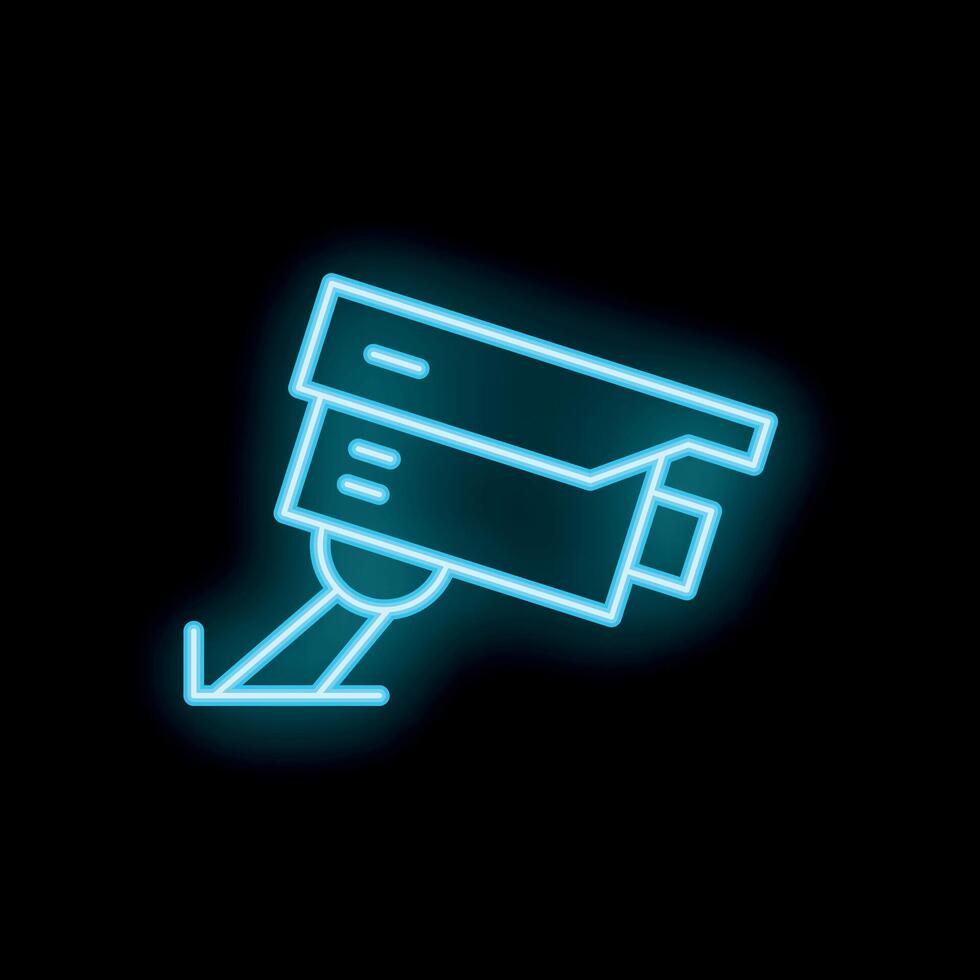 Glowing neon security camera icon on black background vector