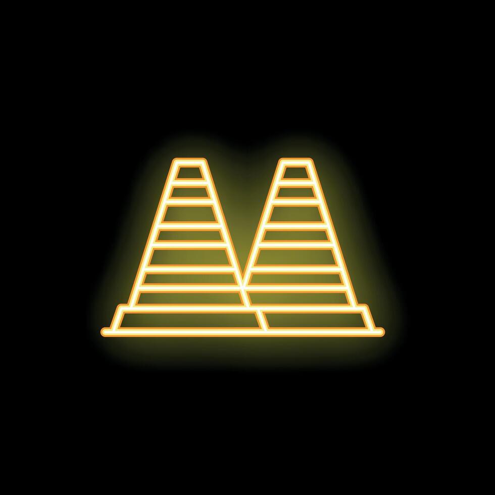 Yellow neon sign depicting two pyramids on black background vector