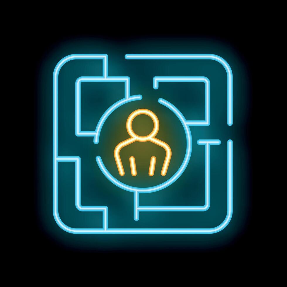 Neon icon of person standing in a maze representing problem solving vector
