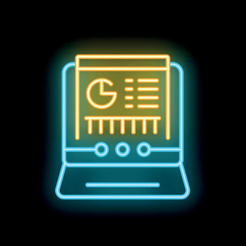 Neon laptop showing business report with charts and data analysis vector