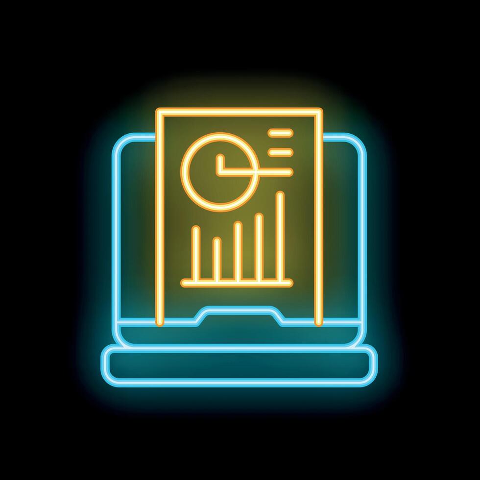 Neon icon of laptop displaying business report with charts and clock vector