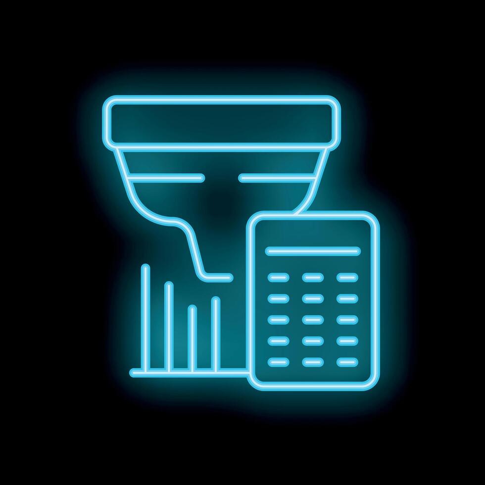 Neon icon of fire alarm system detecting smoke with signal strength displayed on remote control vector