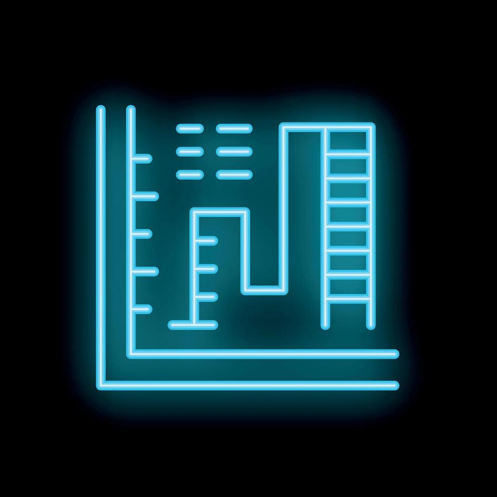 Neon blueprint icon depicting building plan with ladder and measurement tools vector
